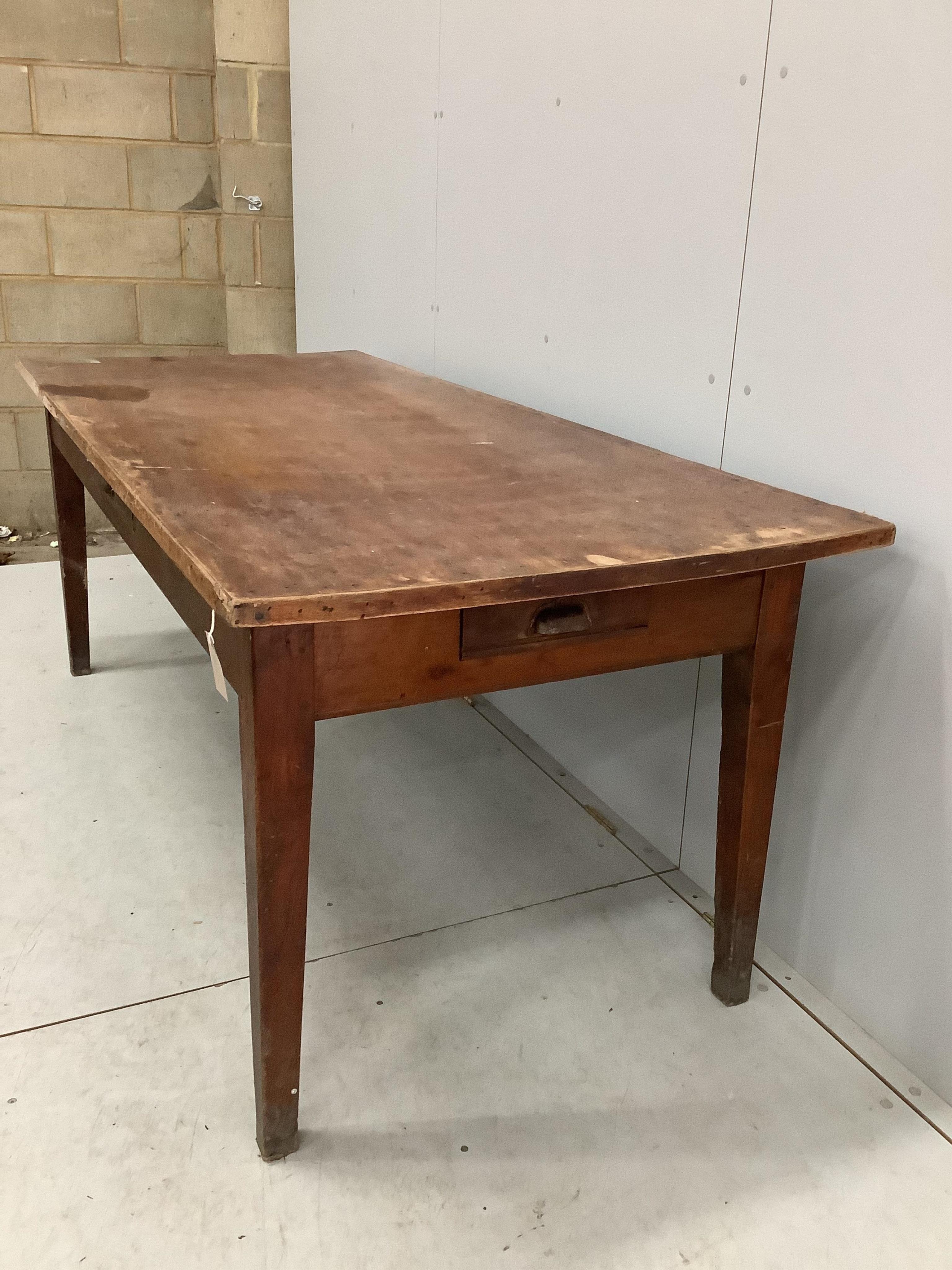 A French farmhouse kitchen table with two drawers, width 197cm, depth 85cm, height 78cm. Condition - poor